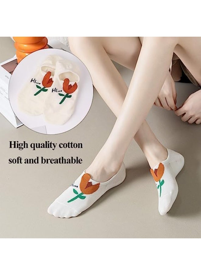 ChicAbode Womens No Show Cotton Socks Fashion Cute Flower Novelty Funny Casual Soft Socks Non Slip Low Cut Socks for Women Girls Sneakers, Canvas Shoes 5 Pairs - Image 4